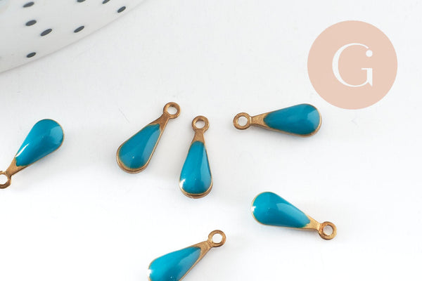 Pendentif goutte laiton brut émail bleu, laiton doré, pendentif goutte,création bijoux,11mm, x10 G0806