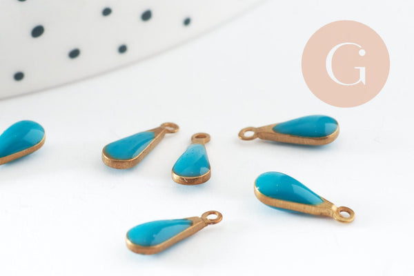 Pendentif goutte laiton brut émail bleu, laiton doré, pendentif goutte,création bijoux,11mm, x10 G0806