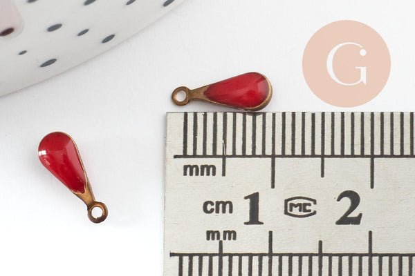 Pendentif goutte laiton brut émail rouge fournitures créatives, laiton doré, pendentif goutte,11mm, x10 G0810