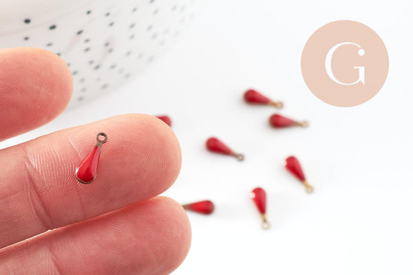 Pendentif goutte laiton brut émail rouge fournitures créatives, laiton doré, pendentif goutte,11mm, x10 G0810