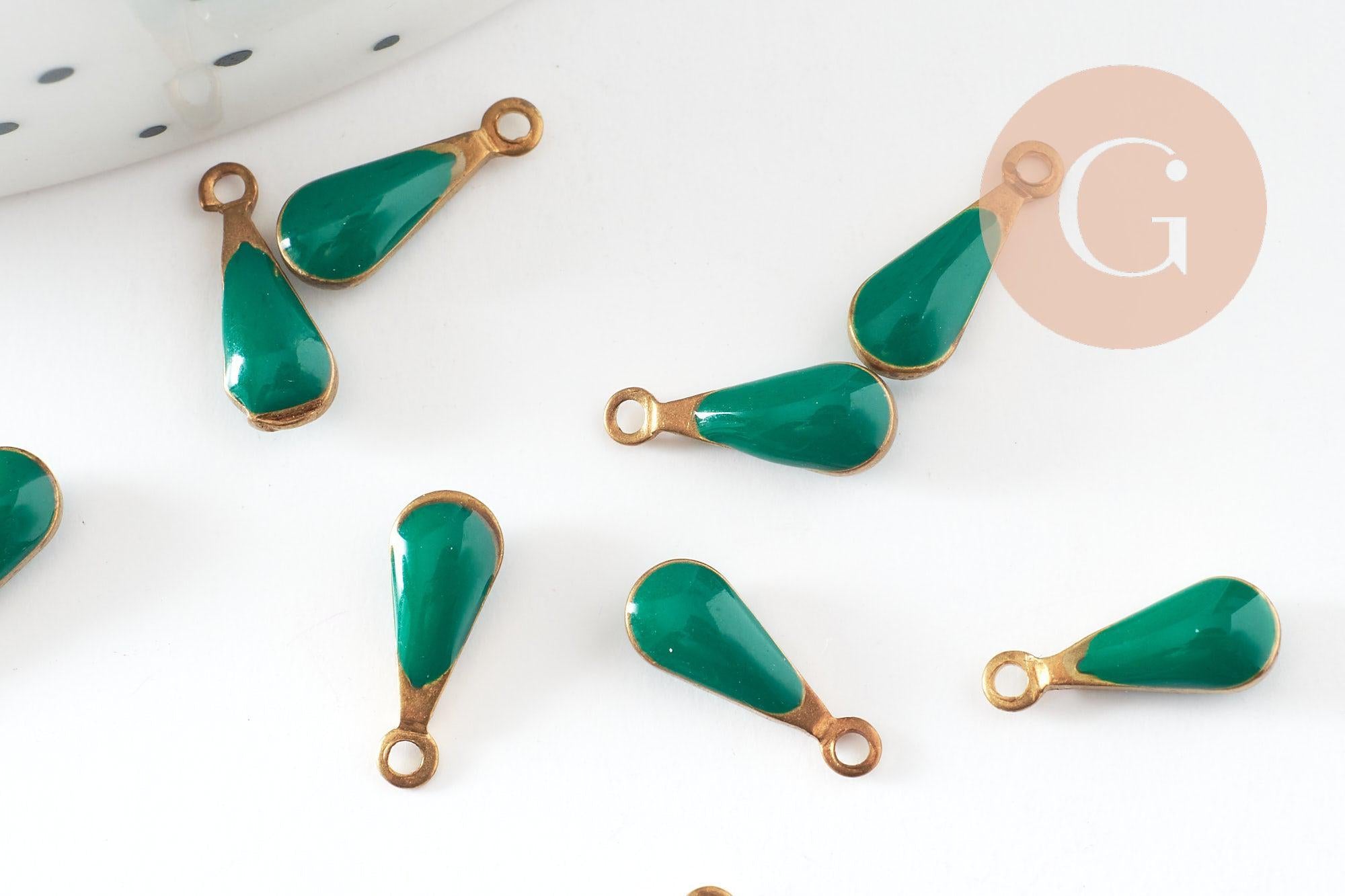 Pendentif goutte laiton brut émail vert, fournitures créatives, laiton doré, pendentif goutte,11mm, x10 G0809