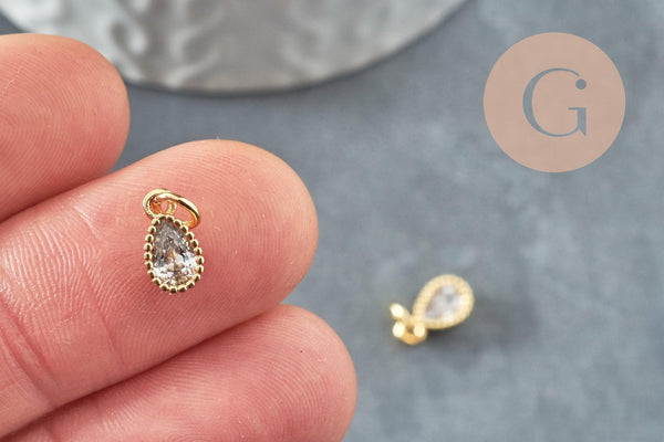 Pendentif goutte laiton doré zircon blanc 10mm,pendentif doré cristal, création bijoux x1 (G9673)