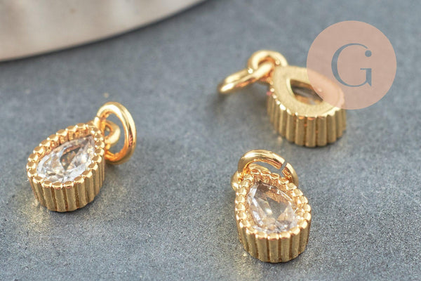 Pendentif goutte laiton doré zircon blanc 10mm,pendentif doré cristal, création bijoux x1 (G9673)