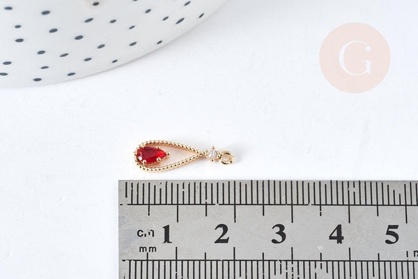 Pendentif goutte laiton doré zircon cristal rouge 17.5mm, x1 (G8435)