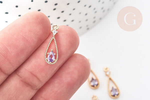 Pendentif goutte laiton doré zircon violet 17,5mm, pendentif création bijoux, x1 G8545