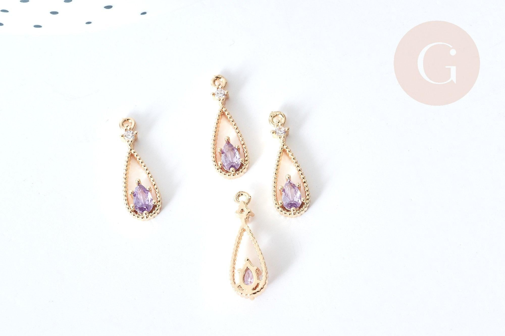 Pendentif goutte laiton doré zircon violet 17,5mm, pendentif création bijoux, x1 G8545