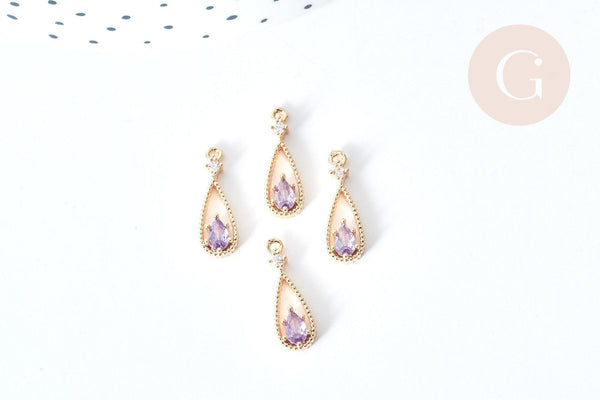 Pendentif goutte laiton doré zircon violet 17,5mm, pendentif création bijoux, x1 G8545