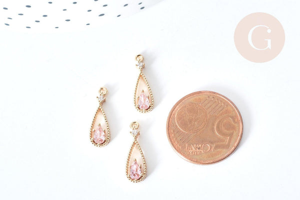 Pendentif goutte laiton doré zircons rose clair 17,5mm, pendentif création bijoux, x1 G8084