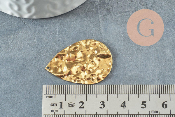 Pendentif goutte martelé laiton brut 33x23mm, breloques laiton brut sans nickel pour création bijoux géométrique, X2 (G3194)