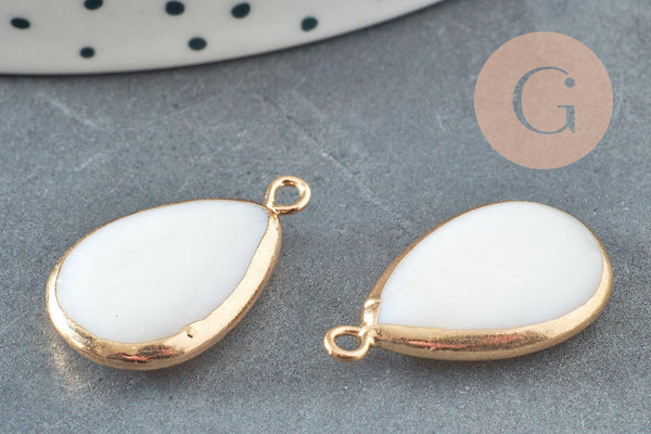 Pendentif goutte nacre blanche naturelle doré 23mm, x2 (G3871)