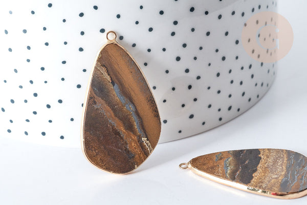 Pendentif goutte œil de tigre doré 45mm, pendentif pierre œil de tigre naturel, x1 (G7938)