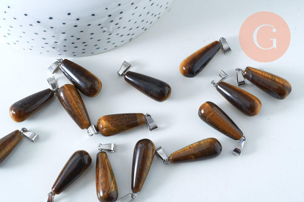 Pendentif goutte oeil de tigre naturelle roulée acier platine 30mm, pendentif pierre acier inoxydable pierre naturelle, x1, G6170