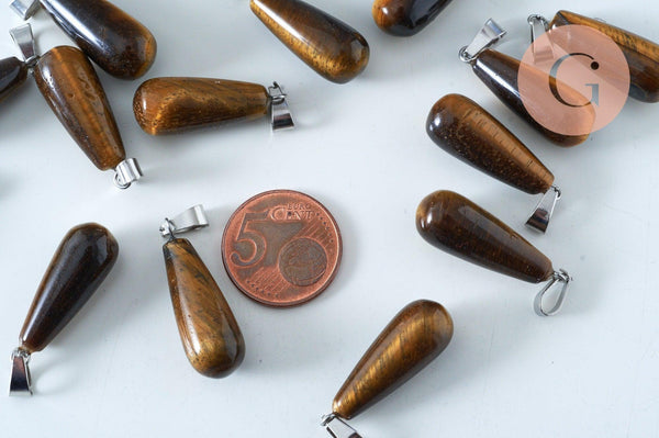 Pendentif goutte oeil de tigre naturelle roulée acier platine 30mm, pendentif pierre acier inoxydable pierre naturelle, x1, G6170