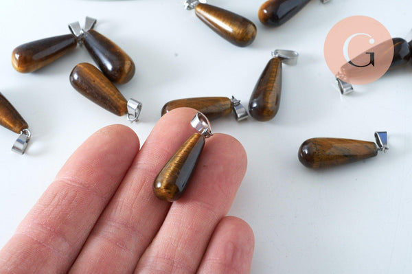 Pendentif goutte oeil de tigre naturelle roulée acier platine 30mm, pendentif pierre acier inoxydable pierre naturelle, x1, G6170