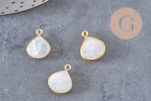 Pendentif goutte pierre de lune naturelle scuptée argent 925 doré 18K 14mm, x1 (G10841)