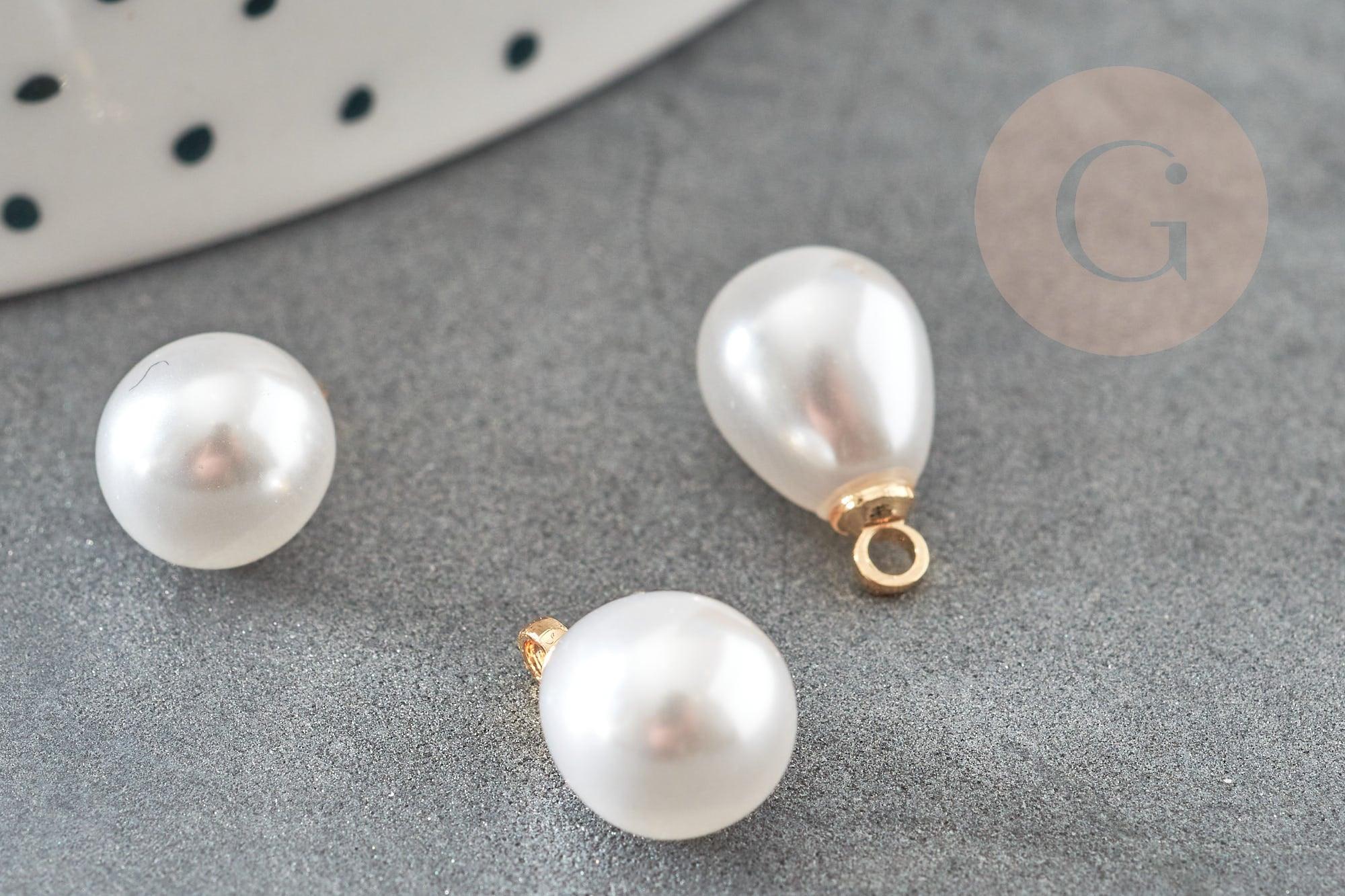Pendentif goutte plastique imitation perle eau douce laiton doré 18K 13mm, x1 (G9364)