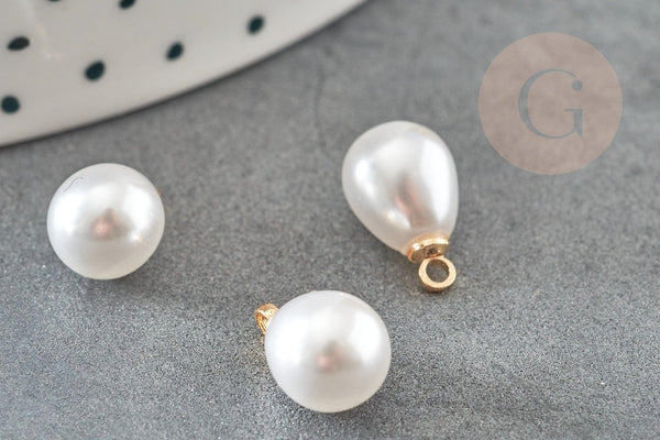 Pendentif goutte plastique imitation perle eau douce laiton doré 18K 13mm, x1 (G9364)