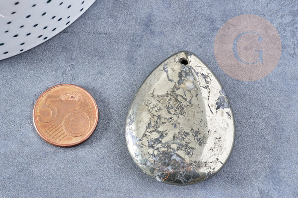Pendentif goutte pyrite grise naturelle 45mm, x1 (G0062)