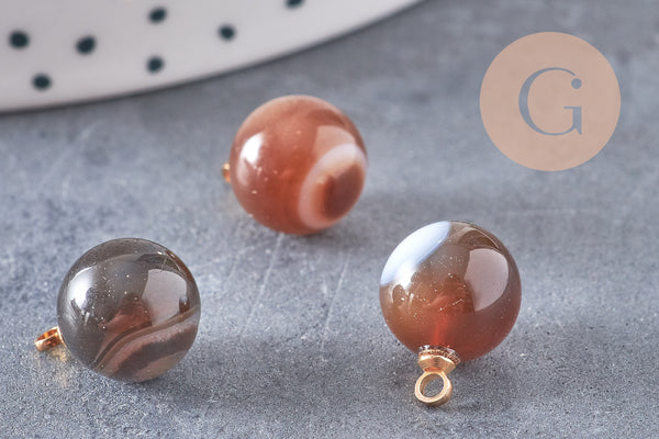 Pendentif goutte rond agate noire rayée laiton doré 14mm, x1 (G4787)