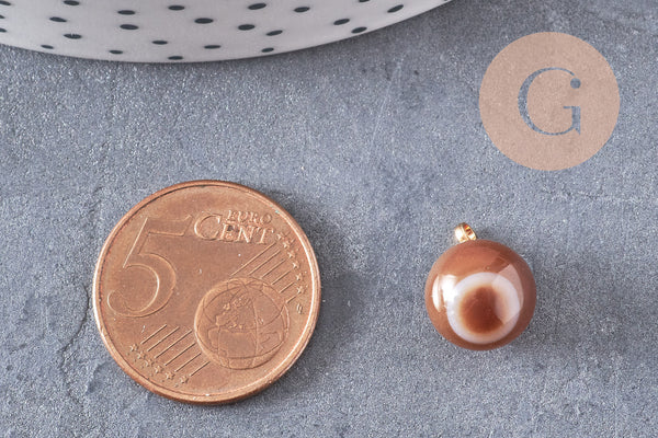 Pendentif goutte rond agate noire rayée laiton doré 14mm, x1 (G4787)