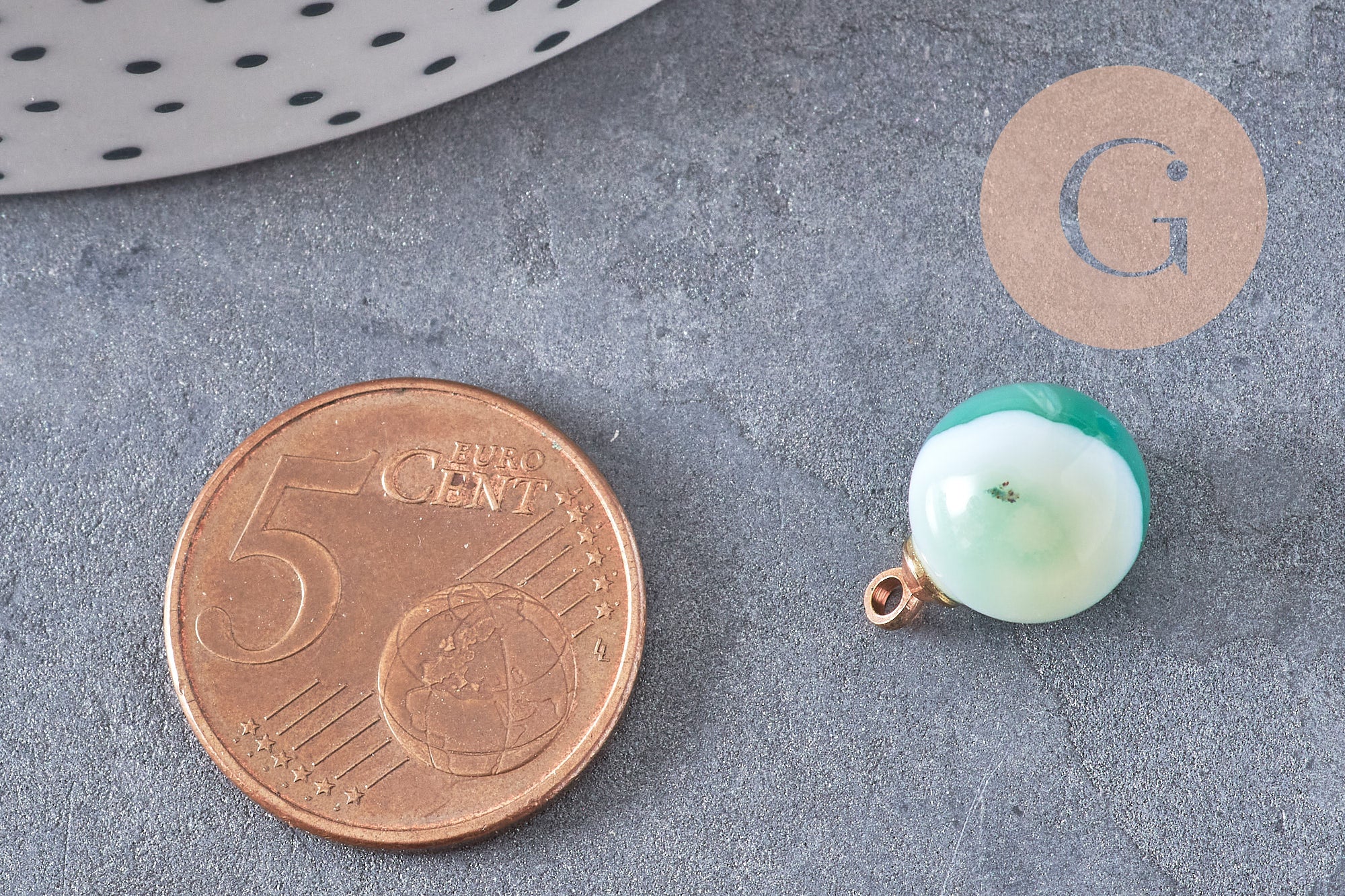 Pendentif goutte rond agate verte rayée, support doré, création bijoux pierre naturelle, pendentif pierre naturelle, 14mm, x1, G4486