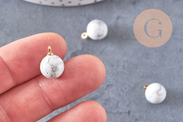 Pendentif goutte rond howlite naturelle, support doré, pendentif pierre naturelle, 14mm, x1 (G4703)