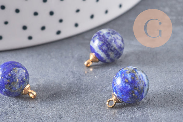 Pendentif goutte rond lapis lazulis, support doré, création bijoux pierre naturelle, pendentif pierre naturelle, 14mm, x1 (G4566)