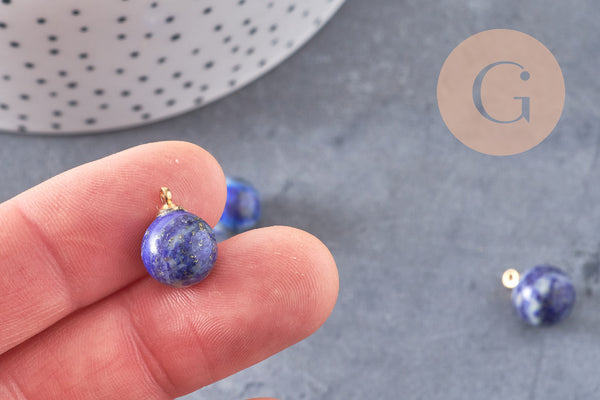 Pendentif goutte rond lapis lazulis, support doré, création bijoux pierre naturelle, pendentif pierre naturelle, 14mm, x1 (G4566)