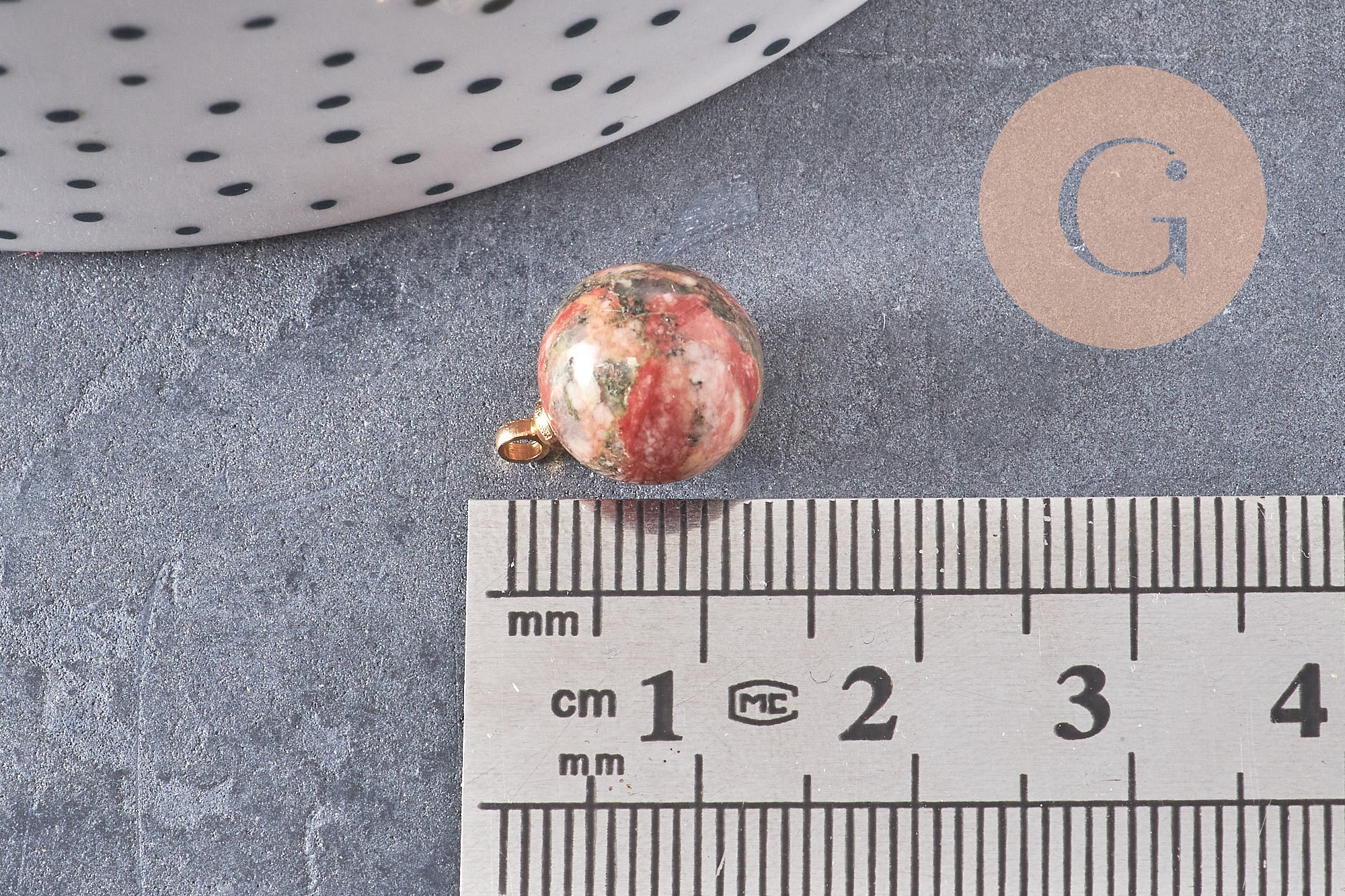 Pendentif goutte rond unakite, support doré, création bijoux pierre naturelle, pendentif pierre naturelle, 14mm, x1, G4560
