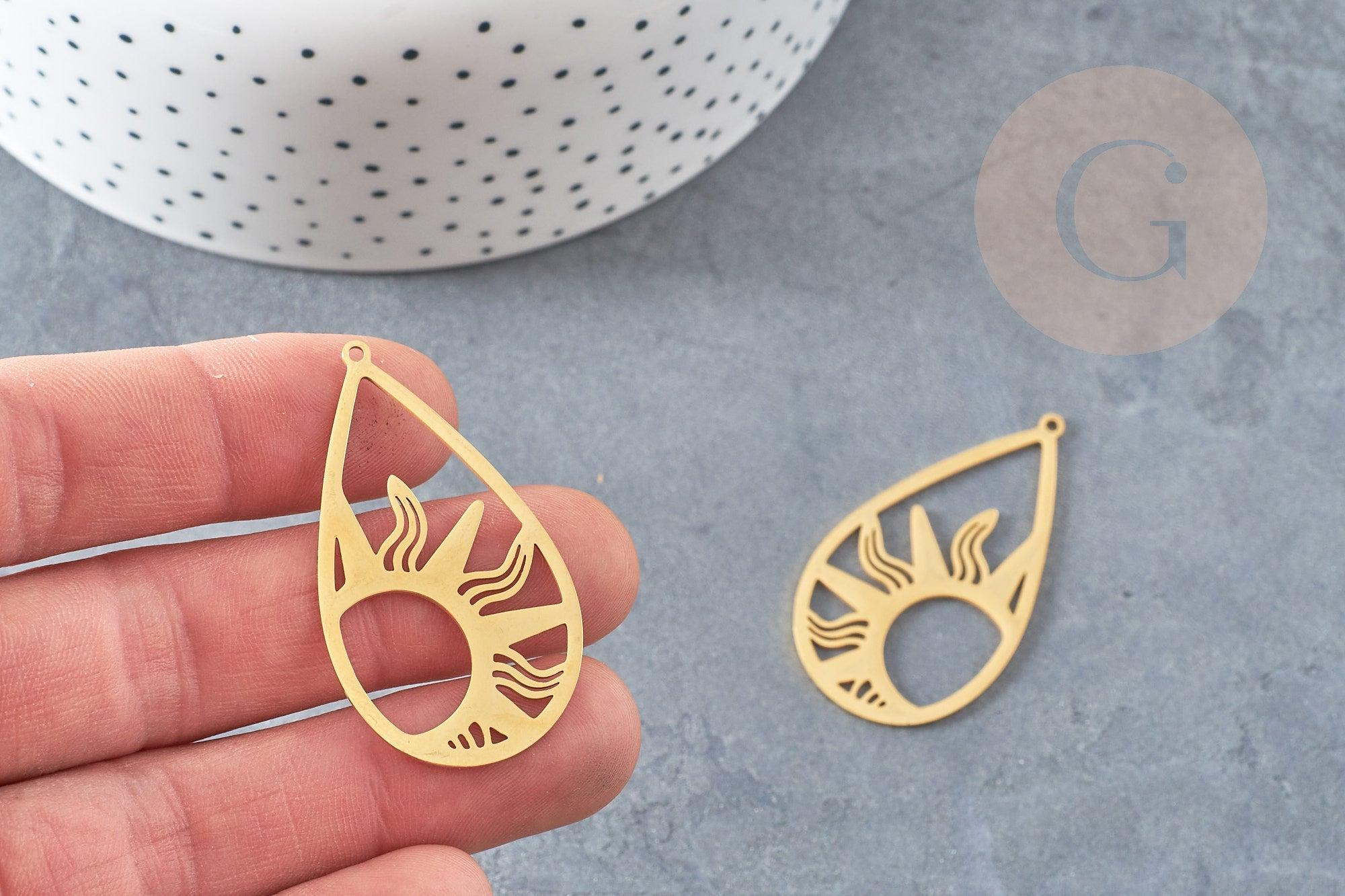 Pendentif goutte soleil acier 201 inoxydable dore 45mm ,breloque acier inoxydable doré, x1 G5689