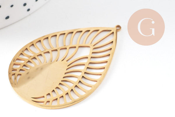Pendentif goutte soleil acier 201 inoxydable dore 52mm ,breloque acier inoxydable doré filigrane sans nickel pour création bijoux, x1 G6119