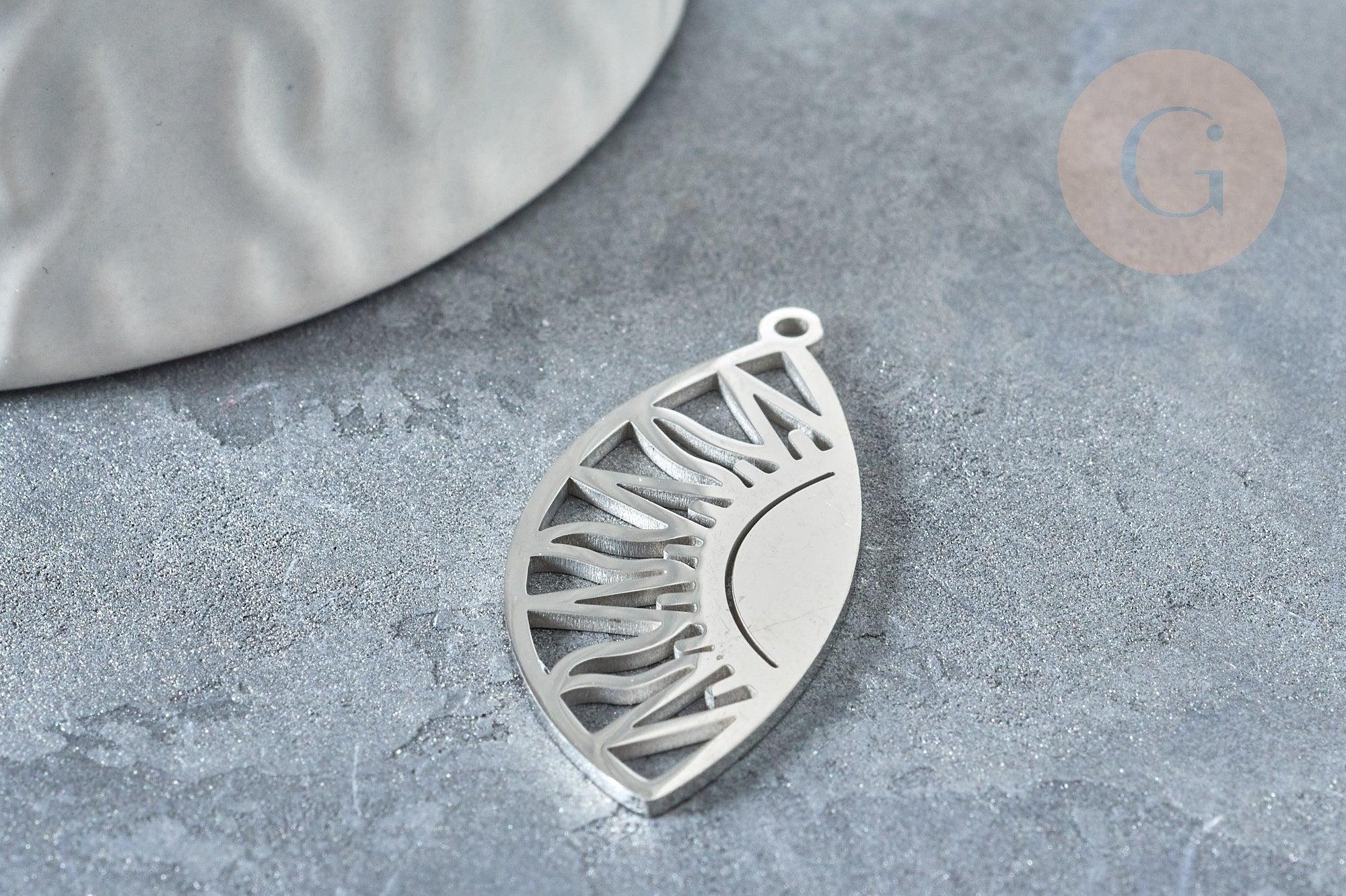 Pendentif goutte soleil argenté acier inoxydable 35mm, création bijoux acier inoxydable platine, x1 G7667