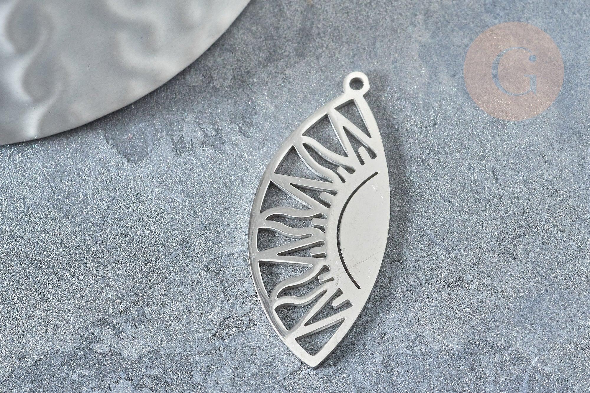Pendentif goutte soleil argenté acier inoxydable 35mm, création bijoux acier inoxydable platine, x1 G7667