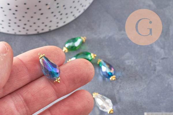 Pendentif goutte verre facetté irisé zamac doré, pendentif doré verre artisanal, 20-21mm, X10 (G5042)