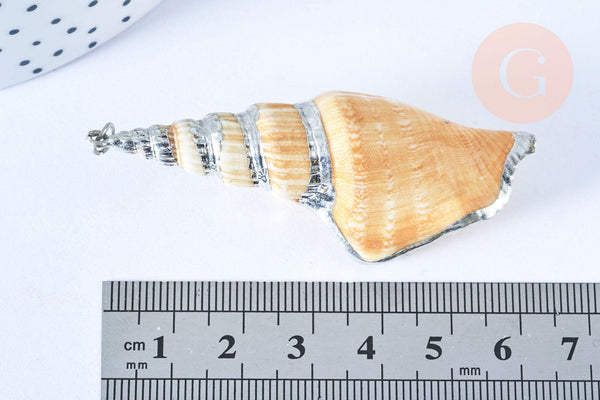 Pendentif grand coquillage naturel spirale beige argenté 58-66mm, pendentif création bijoux coquillage, x1 G7160