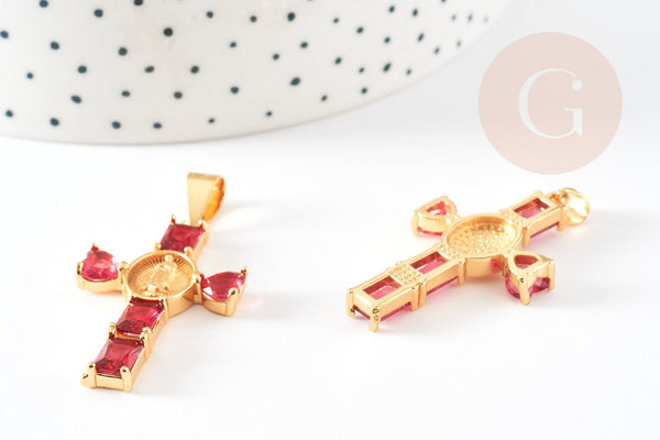 Pendentif grande croix laiton doré zircons rouges 39x23x4mm, pendentif religieux baroque , x1 G9172