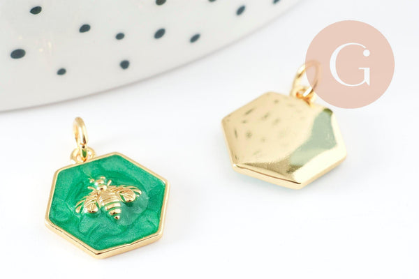 Pendentif hexagone abeille zamac doré résine verte 15mm, pendentif insecte,sans nickel, abeille dorée, x1 G9411