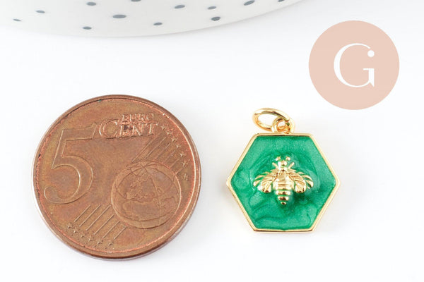 Pendentif hexagone abeille zamac doré résine verte 15mm, pendentif insecte,sans nickel, abeille dorée, x1 G9411