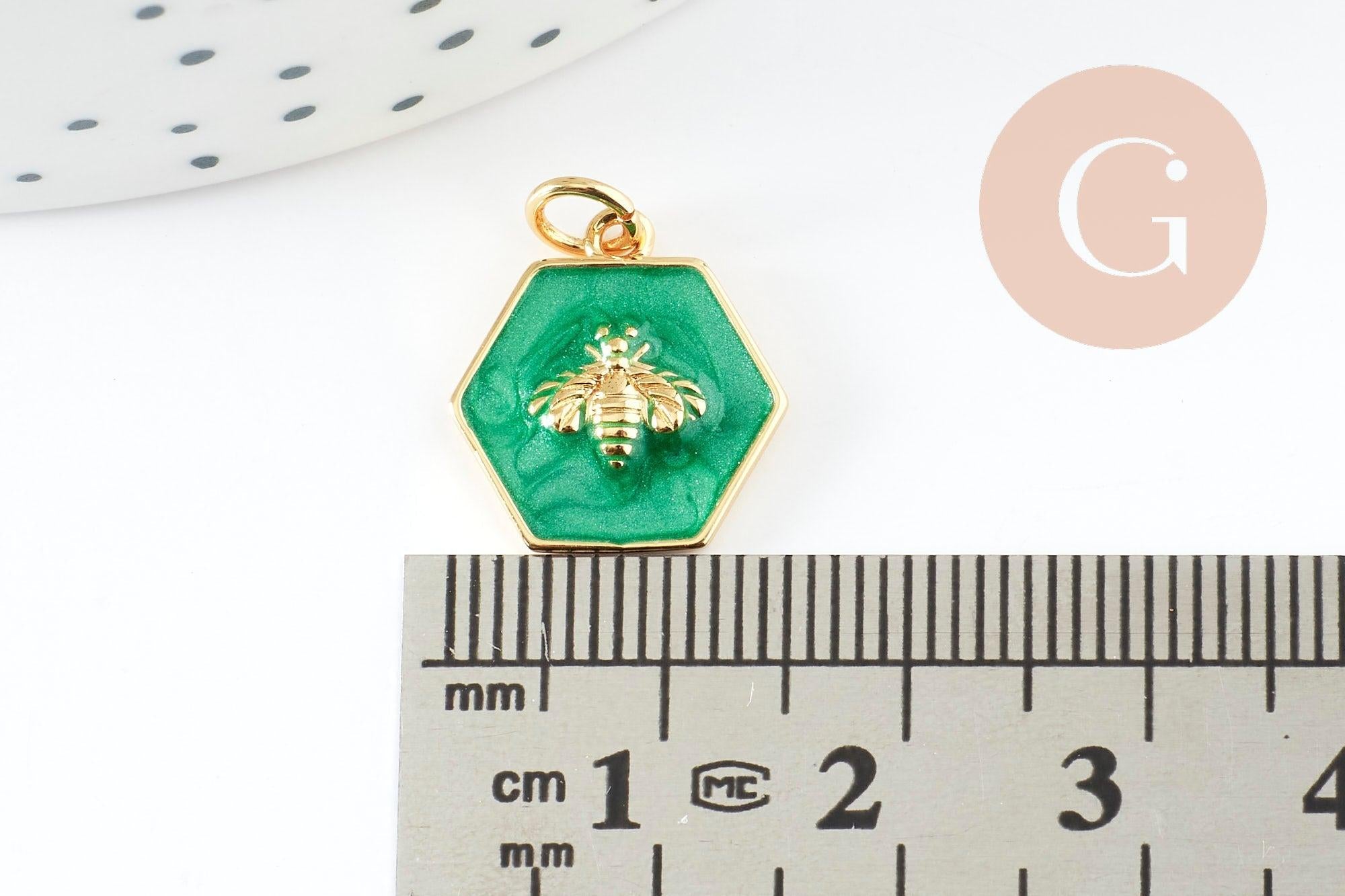 Pendentif hexagone abeille zamac doré résine verte 15mm, x1 (G9411)