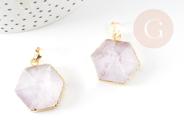 Pendentif hexagone améthyste violette, pendentif pierre,support doré ou argenté, 33mm, x1 (G3104)