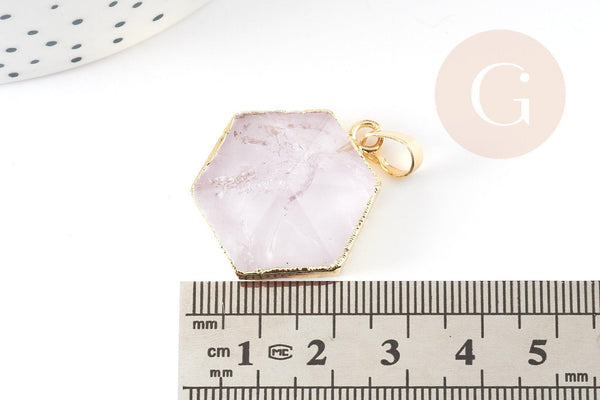 Pendentif hexagone améthyste violette, pendentif pierre,support doré ou argenté, 33mm, x1 (G3104)