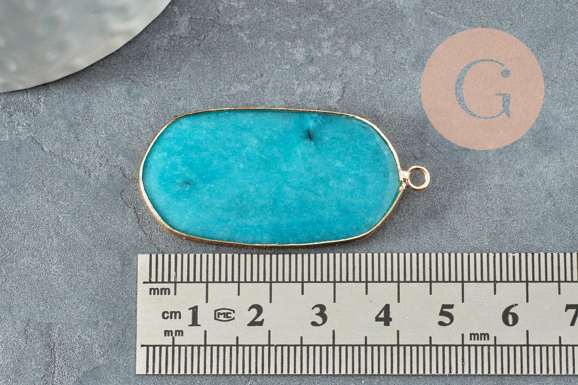 Pendentif hexagone jade naturel bleu laiton doré 49mm, x1 (G0861)