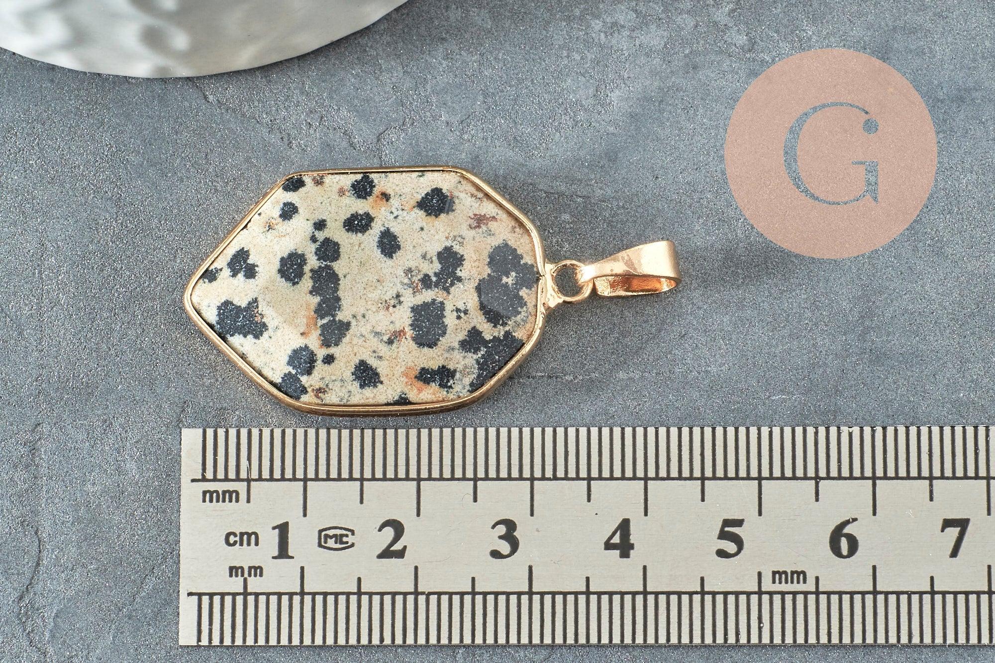 Pendentif hexagone jaspe dalmatien naturel 30mm, x1 (G1472)