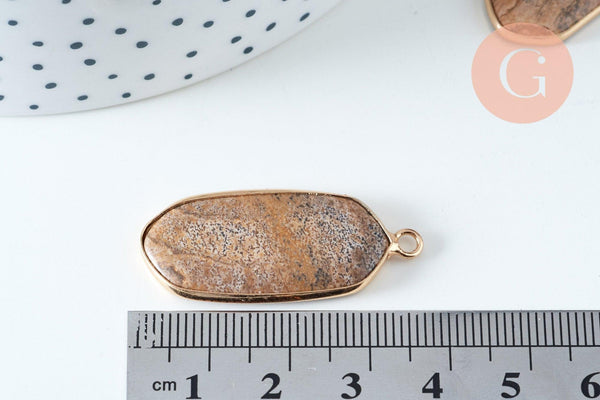 Pendentif hexagone jaspe paysage 37mm, pendentif bijoux pierre naturelle x1 G6331