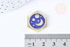 Pendentif hexagone lune étoiles bleu zamac doré 18k cristal zircon 23mm,sans nickel, pendentif chance, x1 G6681