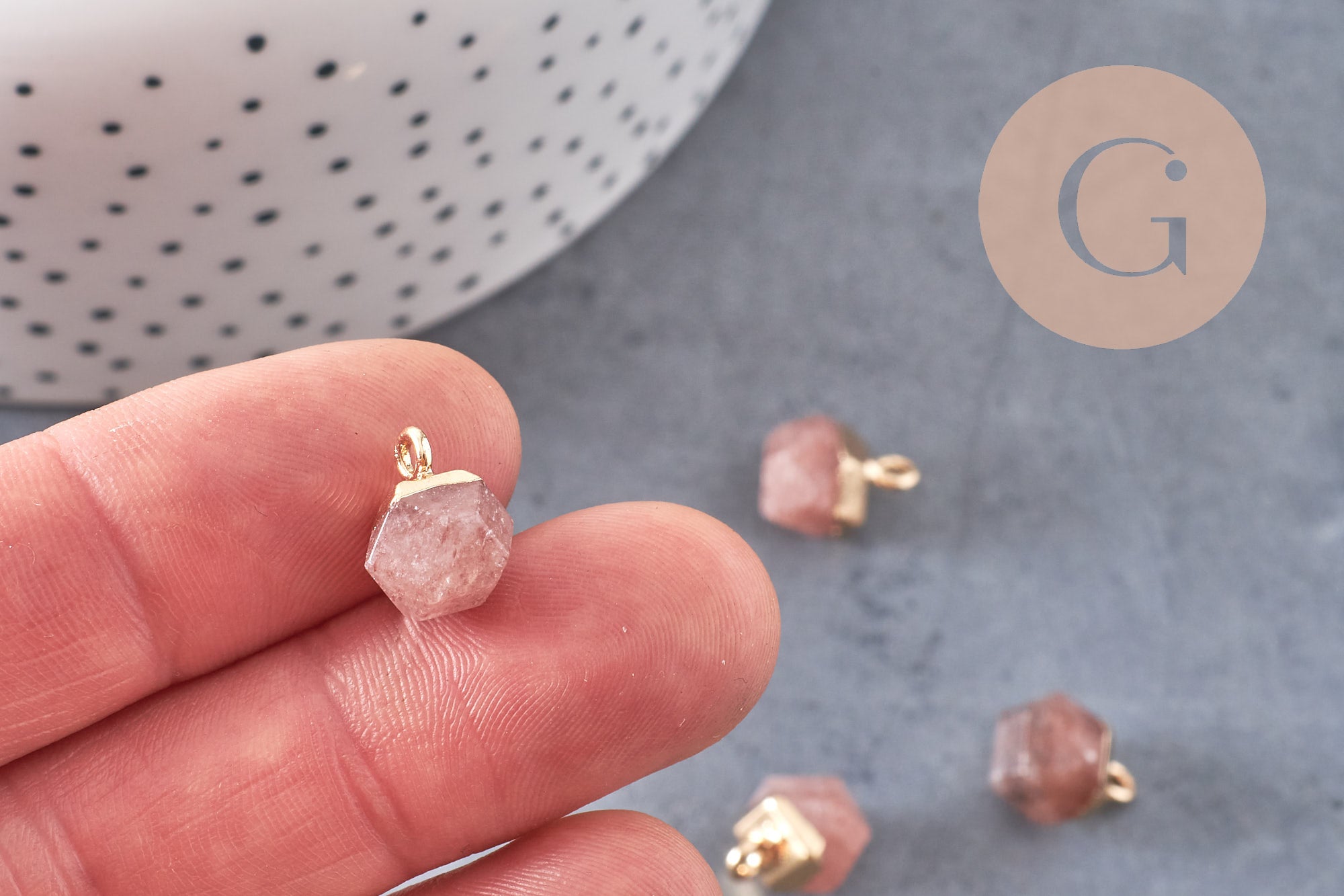 Pendentif hexagone quartz fraise,pendentif bijoux,pendentif pierre,quartz fraise naturel,pendentif quartz fraise,11mm, x1,G3157