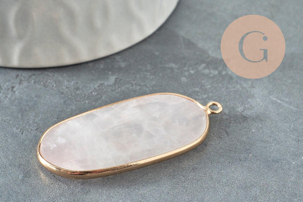 Rose quartz pendant in teardrop shape with gold frame on slate. Pendentif hexagone quartz rose naturel 49mm, ideal for bohemian chic jewelry.