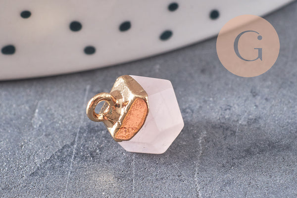 Pendentif hexagone quartz rose11mm, pendentif pierre quartz rose naturel pour création bijoux, x2-G0207