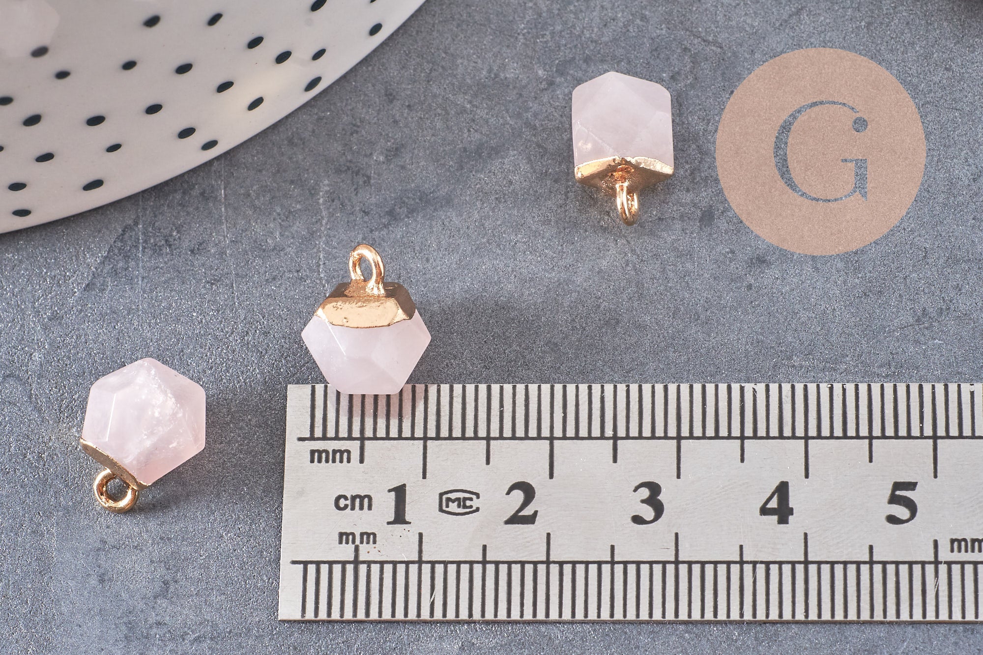 Pendentif hexagone quartz rose11mm, pendentif pierre quartz rose naturel pour création bijoux, x2-G0207