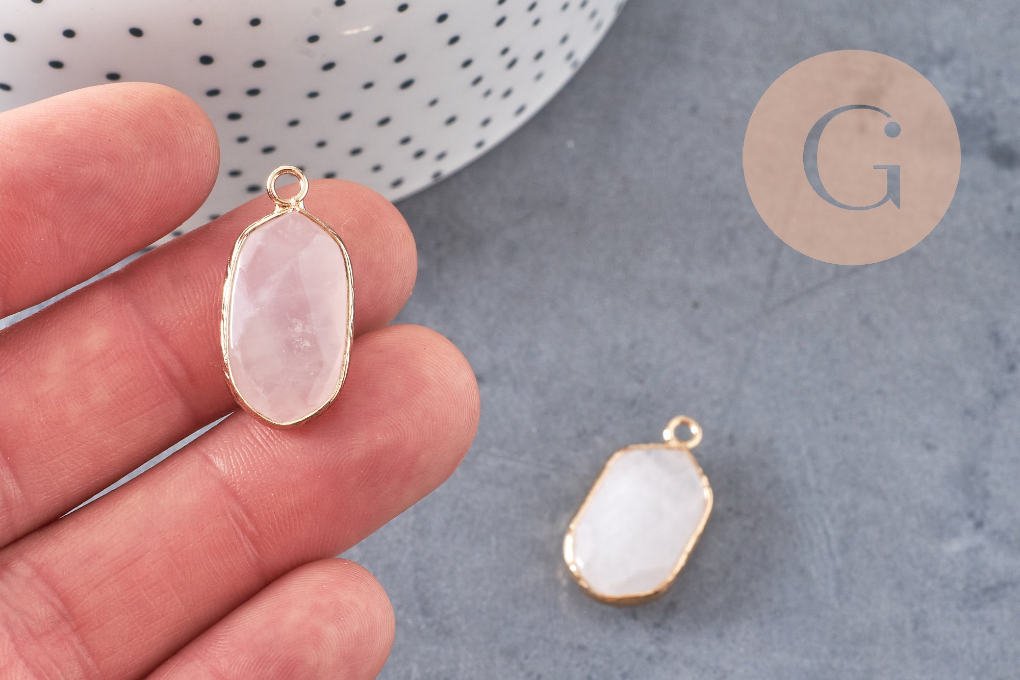 Pendentif hexagone quartz rose,pendentif pierre, support doré,création bijou,pierre naturelle,bijou pierre, quartz rose naturel,25mm-G1867